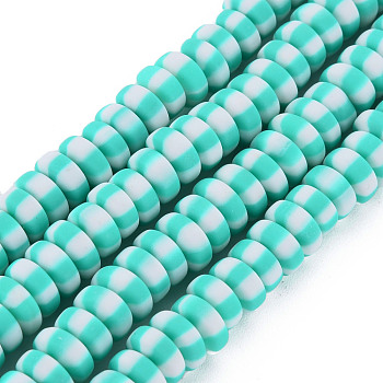 Handmade Polymer Clay Beads Strands, for DIY Jewelry Crafts Supplies, Flat Round, Turquoise, 6.8~8x3mm, Hole: 1.4mm, about 110~116pcs/strand, 15.75 inch(40cm)