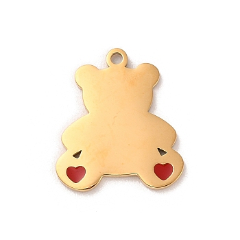 304 Stainless Steel Pendants, with Enamel, Bear with Heart Charm, Golden, 18x16x1.5mm, Hole: 1.4mm