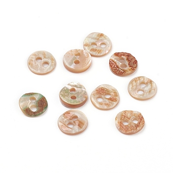 Abalone Shell/Paua Shell, Flat Round, 2-Hole, Coral, 7x1.5mm, Hole: 1.4mm