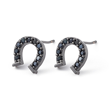 Black Cubic Zirconia Horse Shoes Stud Earrings, Brass Jewelry for Women, Long-Lasting Plated, Lead Free & Cadmium Free, Gunmetal, 10x10mm, Pin: 0.8mm