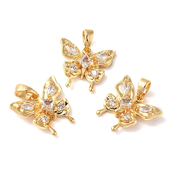 Brass Micro Pave Cubic Zirconia Pendants, Butterfly, Real 18K Gold Plated, 13.5x15x4.5mm, Hole: 4.7x2.5mm