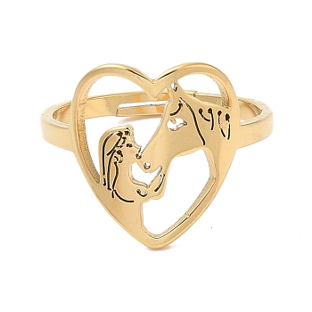 Ion Plating(IP) 304 Stainless Steel Heart with Horse Adjustable Ring for Women, Real 18K Gold Plated, US Size 6(16.5mm)