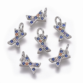 Brass Micro Pave Cubic Zirconia Charms, Letter, Colorful, Platinum, Letter.X, 8.4x5.5x1.8mm, Hole: 2mm