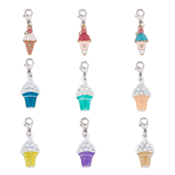 Ice-cream Alloy Enamel Pendant Decorations, Zinc Alloy Lobster Claw Clasps Charms, for Keychain, Purse, Backpack Ornament, Mixed Color, 36~39mm, 9pcs/set, 1 set/box