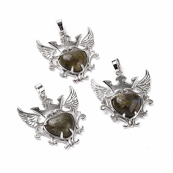 Natural Labradorite Pendants, Eagle with Heart Charms, with Rack Plating Platinum Tone Brass Findings, 36.5x33.3x6~7mm, Hole: 8x5mm