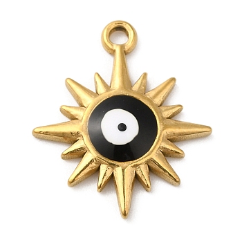 Real 18K Gold Plated 304 Stainless Steel Pendants, with Enamel, Sun with Evil Eye Charm, Black, 21x18x3mm, Hole: 1.6mm