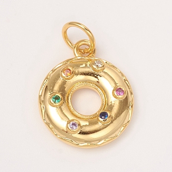 Brass Micro Pave Colorful Cubic Zirconia Pendants, with Jump Rings, Long-Lasting Plated, Swim Ring, Golden, 15x12.5x3mm, Jump Ring: 5x0.7mm, Inner Diameter: 3.6mm