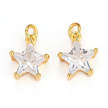 Brass Charms, with Clear Cubic Zirconia and Jump Rings, Long-Lasting Plated, Star, Real 18K Gold Plated, 11x9.5x5.5mm, Hole: 2.5mm