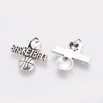 Tibetan Style Alloy Pendants, Basketball with Words I Love Basketball, Cadmium Free & Nickel Free & Lead Free, Antique Silver, 21.5x20x2mm, Hole: 2mm