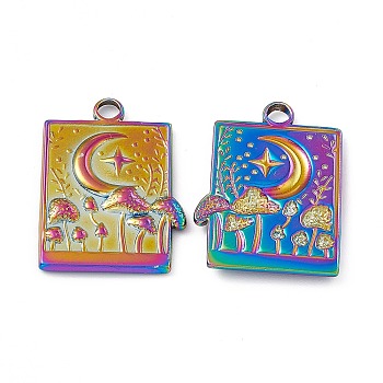 Ion Plating(IP) 304 Stainless Steel Bigs Pendants, Rectangle with Moon and Mushroom, Rainbow Color, 25x18x2.5mm, Hole: 2.5mm
