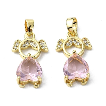 Rack Plating Brass Micro Pave Clear Cubic Zirconia Pendants, Real 18K Gold Plated, Long-Lasting Plated, Lead Free & Cadmium Free, with Glass, Human, Pink, 19x11.5x5mm, Hole: 2.5x4mm