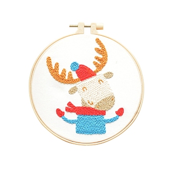 Animal Theme DIY Display Decoration Punch Embroidery Beginner Kit, Including Punch Pen, Needles & Yarn, Cotton Fabric, Threader, Plastic Embroidery Hoop, Instruction Sheet, Deer, 155x155mm