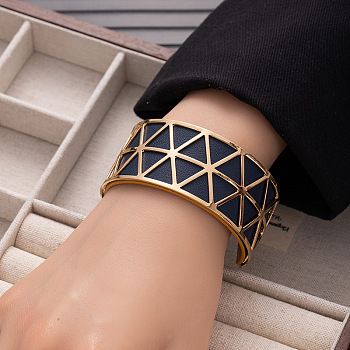 Triangle 304 Stainless Steel & Imitation Leather Cuff Bangles, Wide Bangles for Women, Golden, Prussian Blue, Inner Diameter: 2-3/8 inch(6cm)