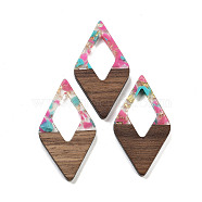 Walnut Wood Pendants, Resin and Gold foil, Rhombus, Hot Pink, 47.5x25.5x3.5mm, Hole: 2mm(FIND-Z050-02H)