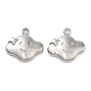 304 Stainless Steel Pendants, Cloud with Smiling Face Charm, Stainless Steel Color, 12.5x13.5x3mm, Hole: 1.4mm(STAS-L022-363P)