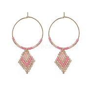 Glass Seed Braided Rhombus Dangle Hoop Earrings, Golden 316 Surgical Stainless Steel Jewelry for Women, Pink, 49mm, Pin: 0.7mm(EJEW-MZ00046-01)
