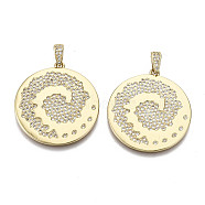 Brass Micro Pave Clear Cubic Zirconia Pendants, with Brass Snap on Bails, Nickel Free, Flat Round, Real 16K Gold Plated, 32x30x2mm, Hole: 5x3mm(ZIRC-N039-061-NF)