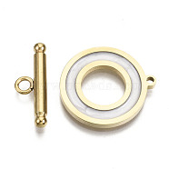 201 Stainless Steel Toggle Clasps, with Enamel, Ring, Real 18K Gold Plated, White, Ring: 22x20x2mm, Hole: 1.5mm, Bar: 21x7x3mm, Hole: 2mm(STAS-R115-14A-G)