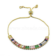 Brass Slider Bracelets, Bolo Bracelets, with Cubic Zirconia Cup Chains and Box Chains, Golden, Colorful, 10-1/4 inch(26cm)(X-BJEW-I272-02B)