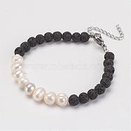 Natural Lava Rock Beads Bracelets, with Freshwater Pearl Beads and Brass Lobster Claw Clasps, Black, 7-1/4 inch(185mm)(BJEW-JB02799)