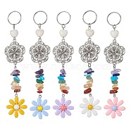 Flower Resin Keychains, with Chakra Gemstone Chip and 304 Stainless Steel Split Key Rings and Tibetan Style Alloy Links, Mixed Color, 14.5cm(KEYC-JKC00556)