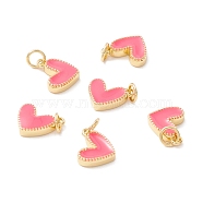 Rack Plating Brass Enamel Charms, with Jump Ring, Cadmium Free & Nickel Free & Lead Free, Real 18K Gold Long-Lasting Plated, Heart, Hot Pink, 9x7x2mm, Hole: 2.5mm(KK-D073-27G-02)