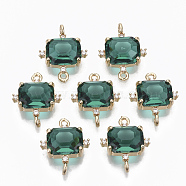 Glass Links connectors, with Brass Micro Pave Cubic Zirconia, Faceted, Cuboid, Light Gold, Dark Green, 17.5x14x5.5mm, Hole: 1.2mm(GLAA-T021-10C)