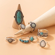 8Pcs 8 Styles Retro Alloy Finger Rings, with Turquoise and Resin, Bohemia Style Rings for Women, Antique Silver, Inner Diameter: 16~18mm(BOHO-PW0001-014)