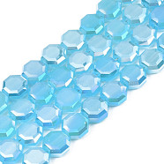 Electroplate Glass Beads Strands, Imitation Jade Beads, AB Color Plated, Faceted, Octagon, Light Sky Blue, 7~8x7~8x4mm, Hole: 1.2mm, about 72pcs/strand, 20.47 inch(52cm)(EGLA-N002-27-E03)