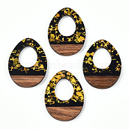 Opaque Resin & Walnut Wood Pendants, Hollow Teardrop Charms with Paillettes, Black, 37.5x28x3.5mm, Hole: 2mm(RESI-N039-38)