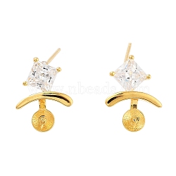 925 Sterling Silver with Cubic Zirconia Stud Earring Findings, with S925 Stamp, for Half Drilled Beads, Real 18K Gold Plated, 15x11mm, Pin: 11x0.6mm(EJEW-B038-19G)