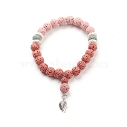 Natural Lava Rock Beads Stretch Charm Bracelets, with Antique Silver Plated Alloy Charms, Leaf, Pale Violet Red, Inner Diameter: 2-1/4 inch(5.6cm)(X-BJEW-E376-01F)