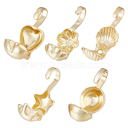 100Pcs 5 Style Brass Bead Tips, Calotte Ends, Clamshell Knot Cover, Flower & Shell & Heart & Star & Round, Real 14K Gold Plated, 10~11x5mm, Hole: 0.9mm, Inner Diameter: 4.5mm, 20Pcs/style(KK-BBC0009-04)