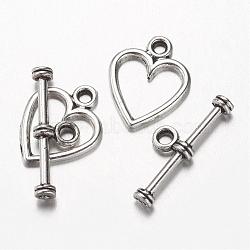 Alloy Toggle Clasps, Heart, Antique Silver, Heart: 14x11.5x1mm, Hole: 1.5mm, Bar: 19x6.5x3mm, Hole: 2mm(PALLOY-G151-09AS)