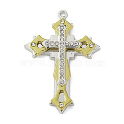 Two Tone Alloy with Rhinestone Pendants, Cross Charms, Platinum & Golden, 56.5x39~40x6.5~7mm, Hole: 2mm(PALLOY-M218-13G)