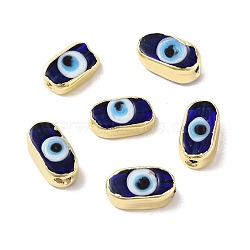 Handmade Evil Eye Lampwork Beads, with Brass Findings, Lead Free & Cadmium Free, Long-Lasting Plated, Oval, Dark Blue, 14~14.5x7.5~8.5x5.5~6mm, Hole: 0.9~1.4mm(LAMP-D016-02LG-02)