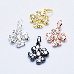 Brass Micro Pave Cubic Zirconia Charms, Long-Lasting Plated, Lead Free & Nickel Free & Cadmium Free, Clover, Mixed Color, 14x11.5x2mm, Hole: 3mm(RB-I078-65-NR)