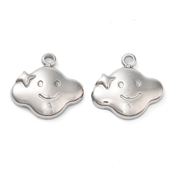 304 Stainless Steel Pendants, Cloud with Smiling Face Charm, Stainless Steel Color, 12.5x13.5x3mm, Hole: 1.4mm