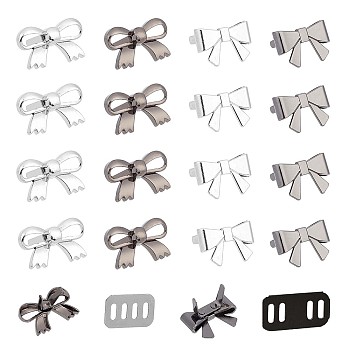16 Sets 4 Styles Zinc Alloy Bowknot Shoe Buckle Clips, with Gasket, Mixed Color, Bowknot: 17~18x25~29.5x5~6.8mm, Gasket: 19~26x12~13x0.6~0.8mm, Hole: 6~7x2~2.3mm, 2pcs/set, 4 sets/style
