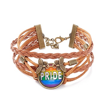 Rainbow Pride Bracelet, Pride Word Flat Round & Butterfly Links Multi-strand Bracelet for Men Women, Chocolate, Word, 7-1/4 inch(18.5cm)