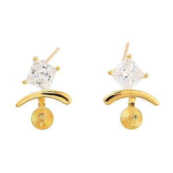 925 Sterling Silver with Cubic Zirconia Stud Earring Findings, with S925 Stamp, for Half Drilled Beads, Real 18K Gold Plated, 15x11mm, Pin: 11x0.6mm