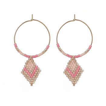 Glass Seed Braided Rhombus Dangle Hoop Earrings, Golden 316 Surgical Stainless Steel Jewelry for Women, Pink, 49mm, Pin: 0.7mm