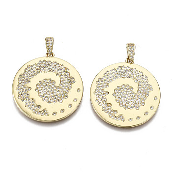 Brass Micro Pave Clear Cubic Zirconia Pendants, with Brass Snap on Bails, Nickel Free, Flat Round, Real 16K Gold Plated, 32x30x2mm, Hole: 5x3mm