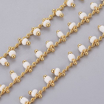 Handmade Seed Beaded Chains, Soldered, with Spool, with Real 18K Gold Plated Brass Findings, White, 1.8~2.5mm, about 32.8 Feet(10m)/roll