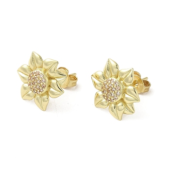 Brass Micro Pave Clear Cubic Zirconia Stud Earrings, Sunflower, Golden, 14mm