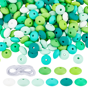 DIY Chew Necklace Making Kit for Sensory Kids, Including Rondelle Silicone Chewing Beads, Elastic Cord, Green, Beads: 12x6mm, Hole: 2.2mm, 198Pcs/box