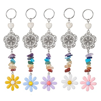 Flower Resin Keychains, with Chakra Gemstone Chip and 304 Stainless Steel Split Key Rings and Tibetan Style Alloy Links, Mixed Color, 14.5cm