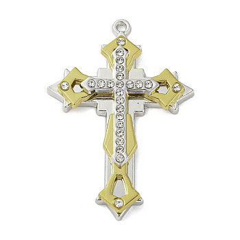 Two Tone Alloy with Rhinestone Pendants, Cross Charms, Platinum & Golden, 56.5x39~40x6.5~7mm, Hole: 2mm