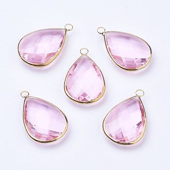 Golden Tone Brass Glass Teardrop Pendants, Faceted, Pearl Pink, 18x10x5mm, Hole: 2mm