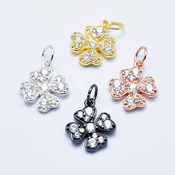 Brass Micro Pave Cubic Zirconia Charms, Long-Lasting Plated, Lead Free & Nickel Free & Cadmium Free, Clover, Mixed Color, 14x11.5x2mm, Hole: 3mm